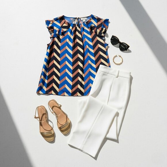 Liz Claiborne XL Chevron Ruffle Cap Sleeve Blouse Blue Black Geoprint Tunic - Picture 4 of 9